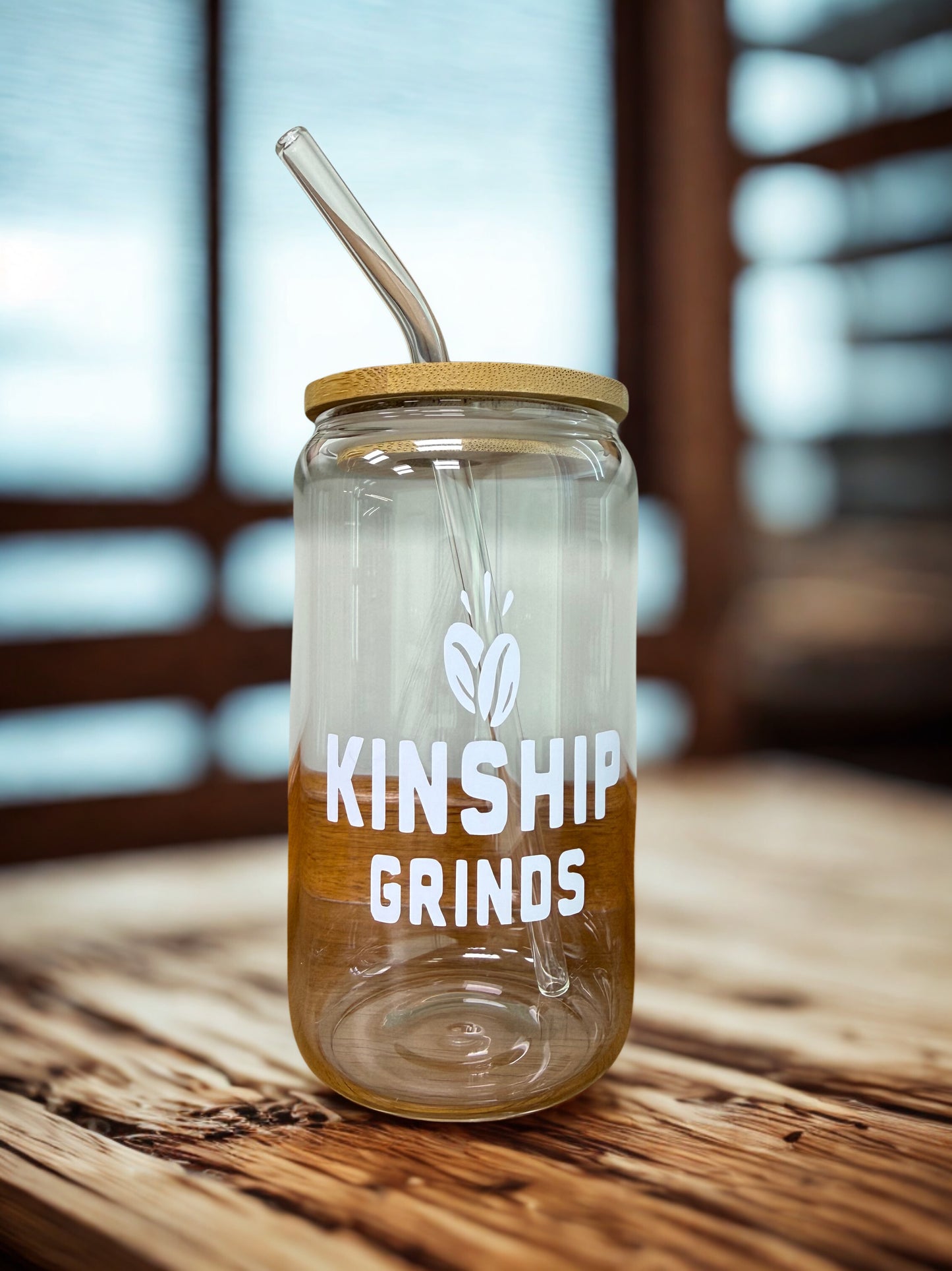 Kinship Grinds Glass Tumbler with Straw